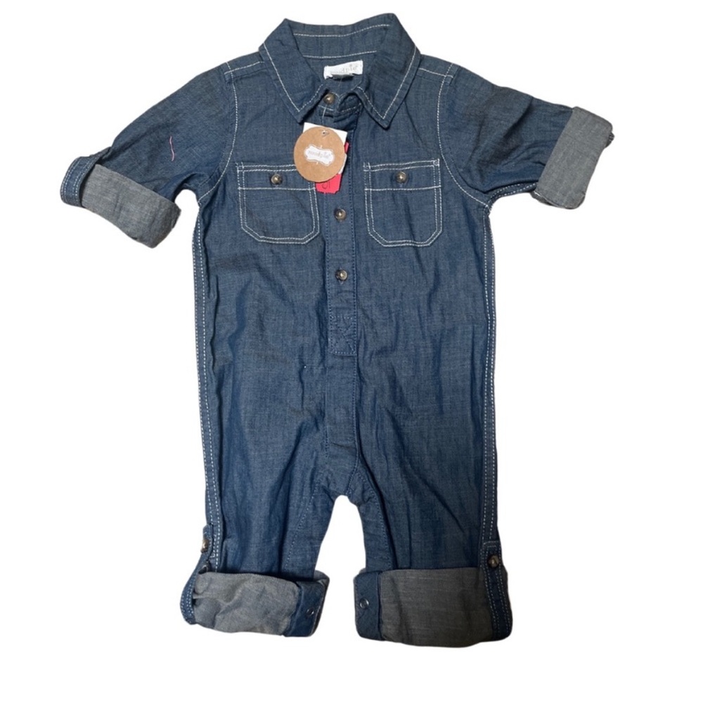 New Easter Mud Pie Boys Chambray Denim One Piece Long Sleeve Romper 9-12 months
